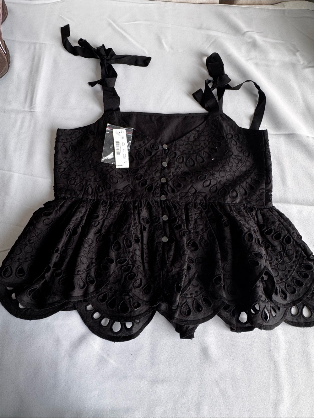 BCBG Black Eyelet Tie-Shoulder Peplum Camisole